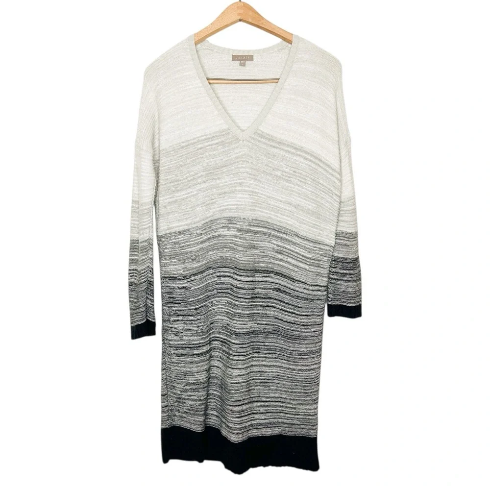 Lilla P Cotton Cashmere Blend Grey Knit Stripe V Neck Sweater Dress Small S